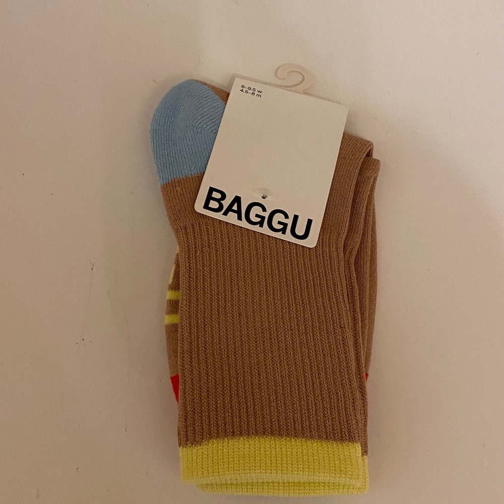 Baggu Ribbed Crew Socks Tan Blue Yellow Colorblock Womens 6-9.5 NEW